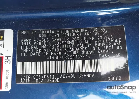 2009 Toyota Camry Le z USA, uszkodzony, nr VIN 4T4BE46K69R137414